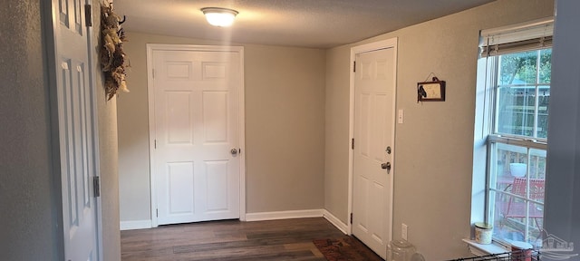 entryway featuring a textured ceiling, baseboards, and dark wood-type flooring