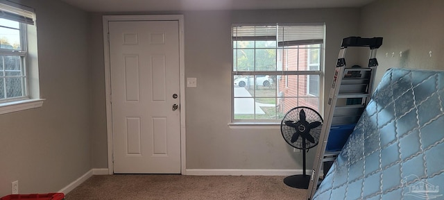 doorway to outside with carpet floors and baseboards