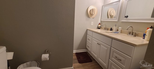 bathroom featuring double vanity, baseboards, a sink, and wood finished floors