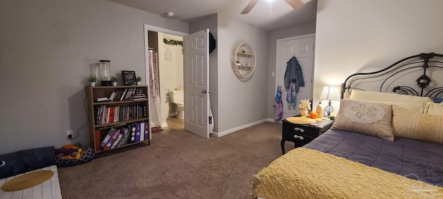 bedroom with dark carpet, baseboards, and ceiling fan