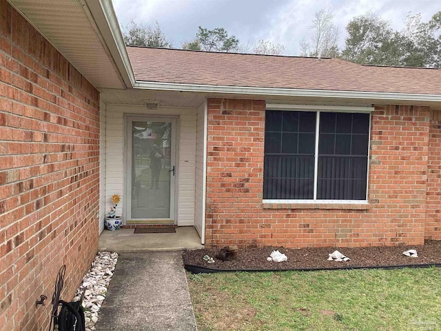 doorway to property featuring brick siding and roof with shingles