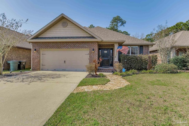 ranch-style house featuring a garage, driveway, brick siding, and a front yard