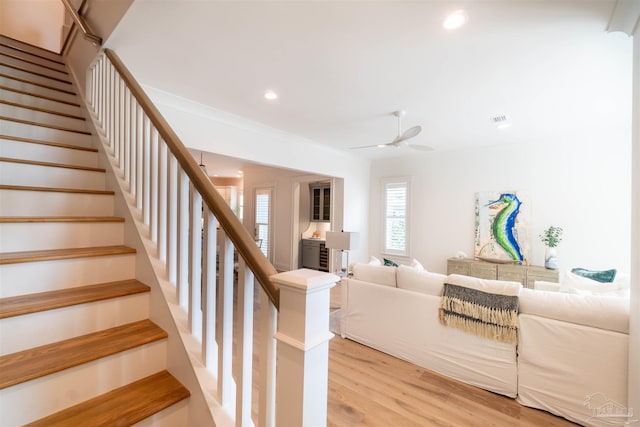 living room featuring ceiling fan and wood-type flooring