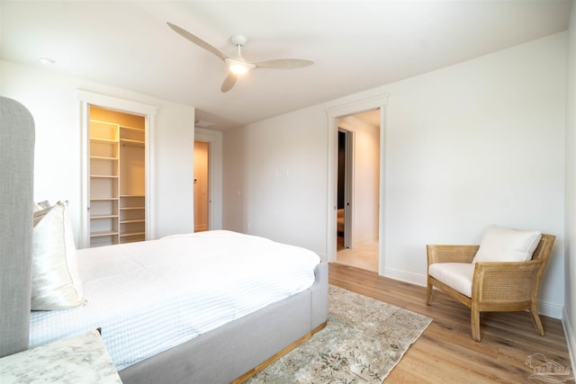 bedroom featuring a closet, a spacious closet, ceiling fan, and light hardwood / wood-style flooring