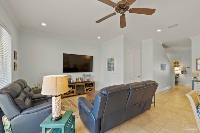 tiled living room featuring crown molding and ceiling fan