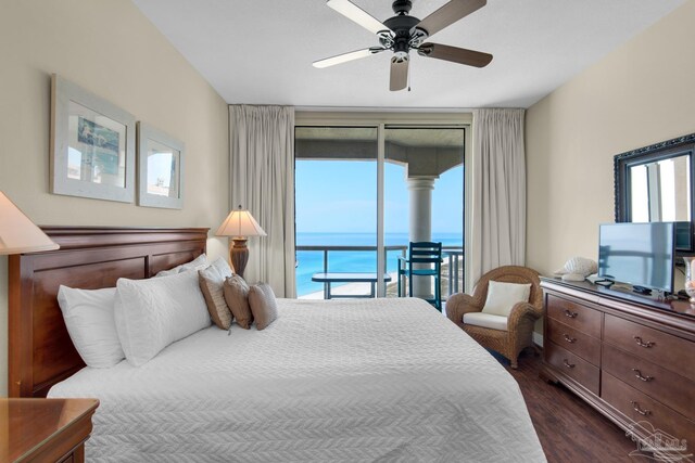 bedroom with ceiling fan, dark hardwood / wood-style floors, multiple windows, and access to exterior