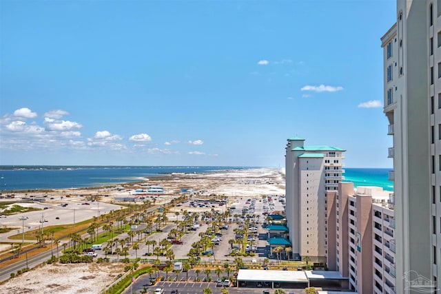 drone / aerial view with a view of the beach and a water view