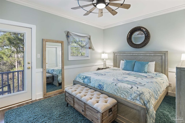 bedroom with ornamental molding and a ceiling fan