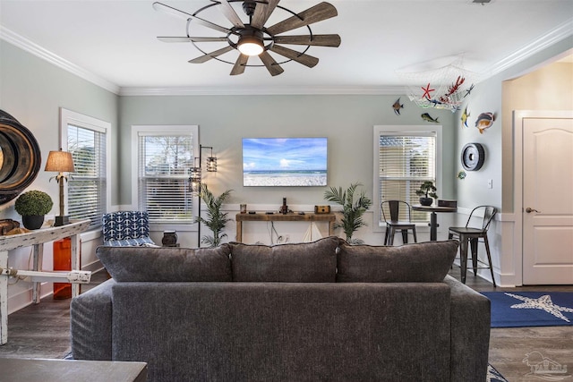 living area featuring a ceiling fan, crown molding, and wood finished floors