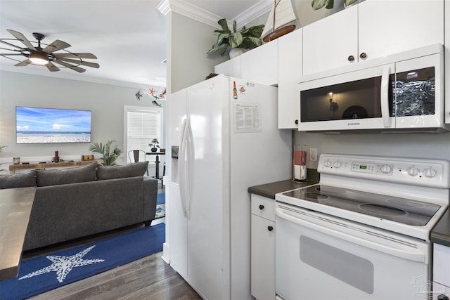 kitchen featuring ornamental molding, dark wood-type flooring, open floor plan, white cabinetry, and white appliances