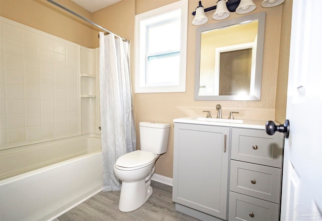 full bathroom with vanity, toilet, shower / bathtub combination with curtain, and wood-type flooring