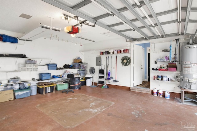 garage with a garage door opener, gas water heater, and electric panel