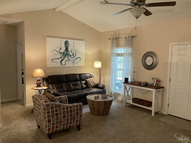 carpeted living area with lofted ceiling with beams, ceiling fan, and baseboards