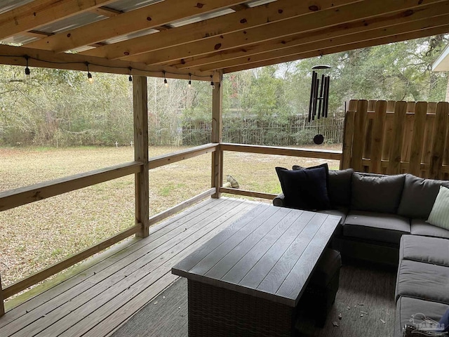 wooden deck featuring fence and an outdoor hangout area