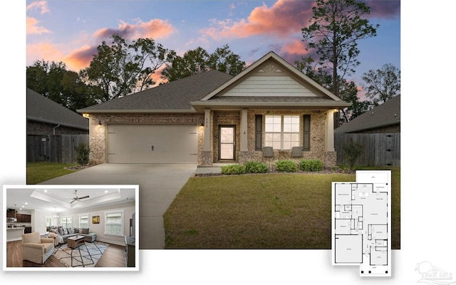 view of front facade featuring an outdoor hangout area, an attached garage, fence, a front lawn, and brick siding