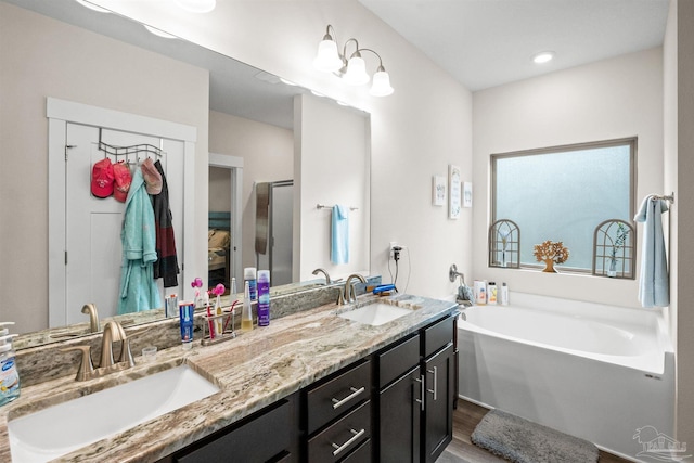 full bath featuring double vanity, wood finished floors, a sink, and a bath