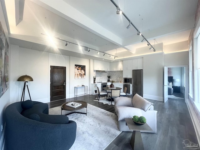 living room with baseboards, dark wood finished floors, and track lighting