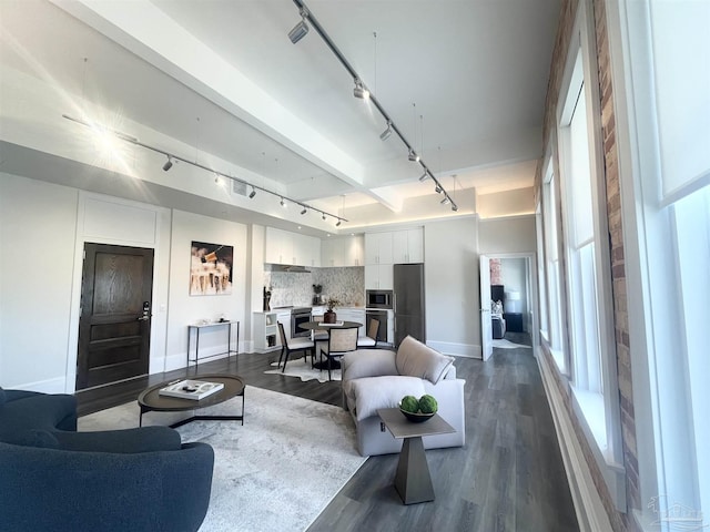 living room featuring dark wood-type flooring, rail lighting, and baseboards