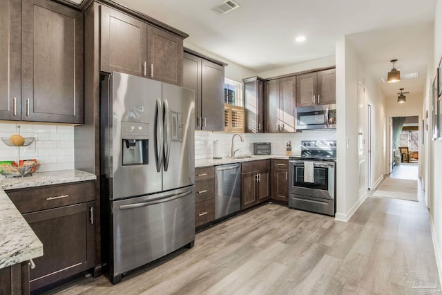 kitchen featuring sink, appliances with stainless steel finishes, tasteful backsplash, dark brown cabinets, and light stone counters