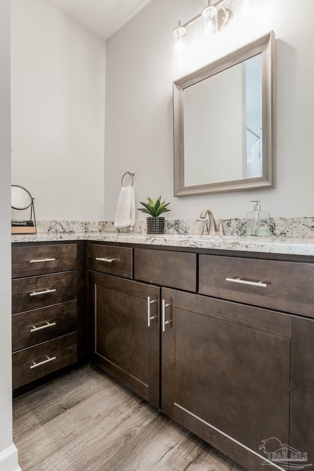 bathroom with hardwood / wood-style flooring and vanity