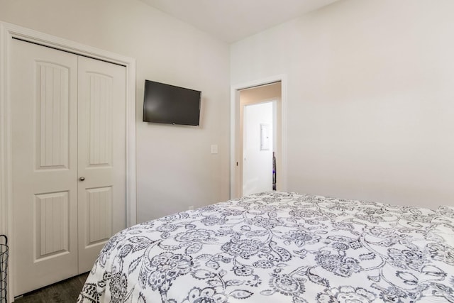 bedroom featuring dark hardwood / wood-style floors and a closet