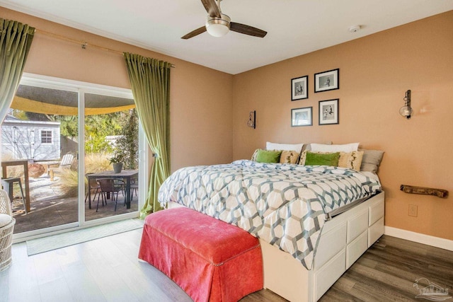 bedroom featuring access to outside, ceiling fan, and hardwood / wood-style flooring