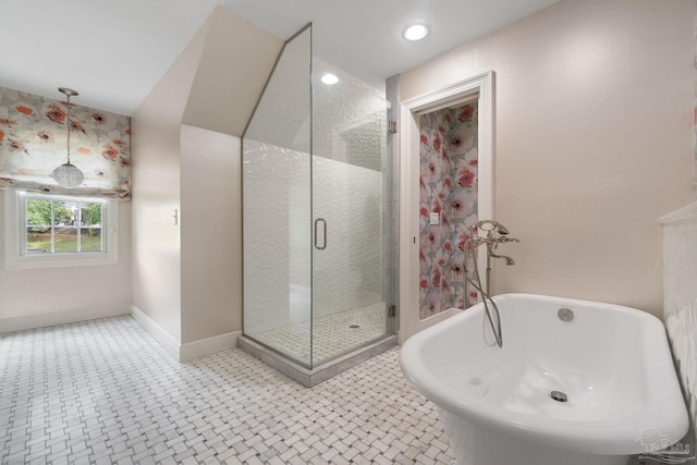 full bath with a freestanding bath, baseboards, a stall shower, and recessed lighting