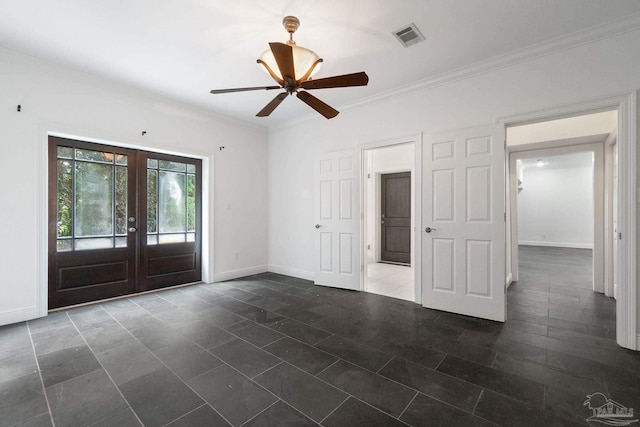 interior space with crown molding, access to exterior, french doors, baseboards, and visible vents