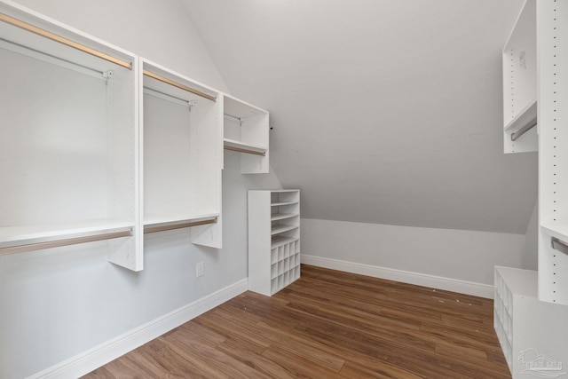 walk in closet featuring wood finished floors and lofted ceiling