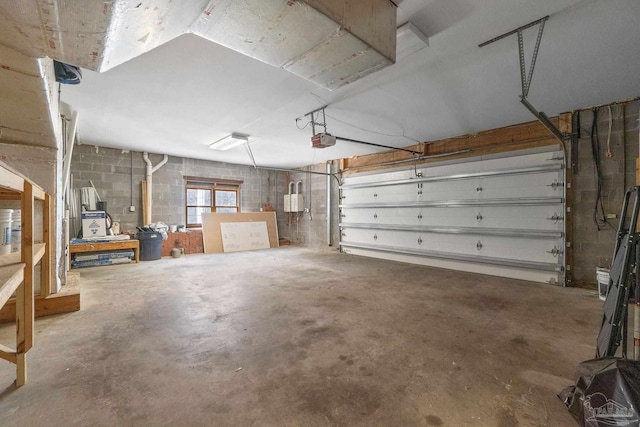 garage featuring concrete block wall and a garage door opener