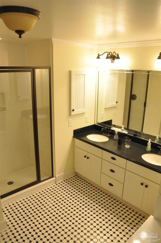 4565 Forsyth St, Bagdad, FL 32583 - full bathroom with a shower stall, ornamental molding, double vanity, and baseboards