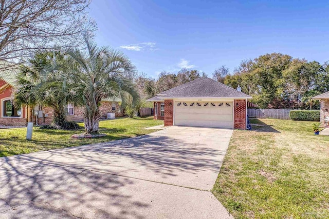 view of front of house with a garage, brick siding, fence, concrete driveway, and a front yard