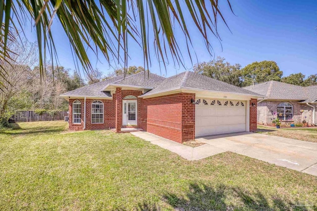 single story home with an attached garage, brick siding, a shingled roof, driveway, and a front lawn