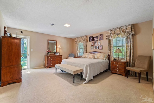 bedroom featuring access to exterior, a textured ceiling, light carpet, and multiple windows