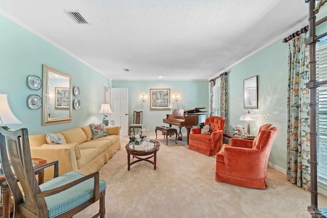 living room featuring a textured ceiling, carpet floors, and ornamental molding