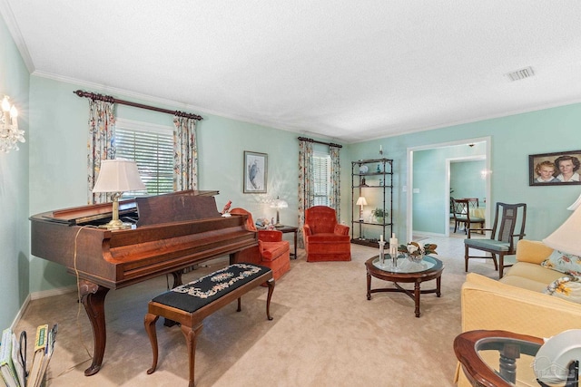 carpeted living room with ornamental molding and a textured ceiling