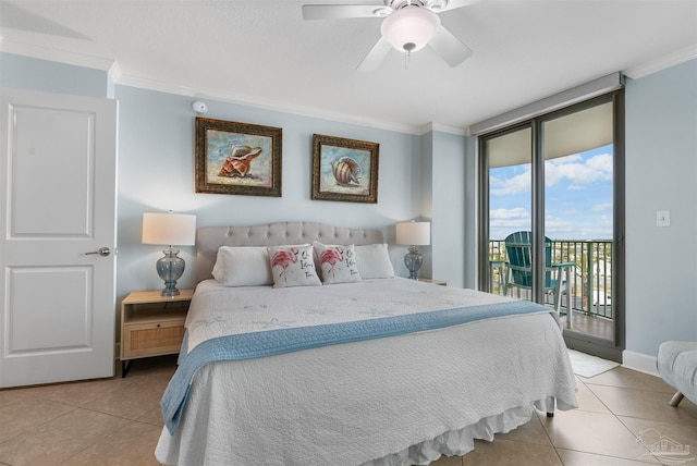 tiled bedroom with crown molding, access to outside, ceiling fan, and a wall of windows