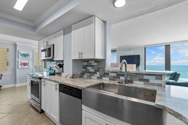 kitchen featuring appliances with stainless steel finishes, tasteful backsplash, a wealth of natural light, and white cabinetry