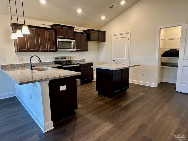 kitchen with light stone countertops, stainless steel appliances, dark hardwood / wood-style floors, and sink