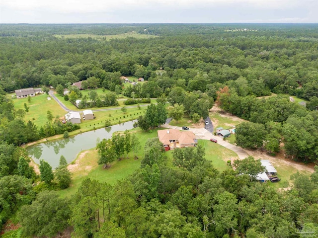 bird's eye view with a wooded view and a water view