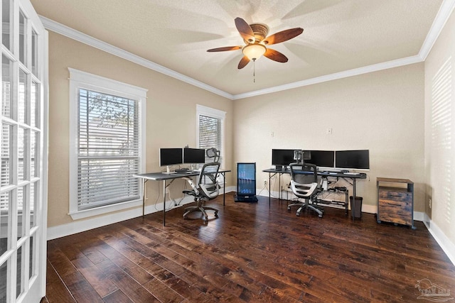 office area with a textured ceiling, dark hardwood / wood-style flooring, ceiling fan, and crown molding