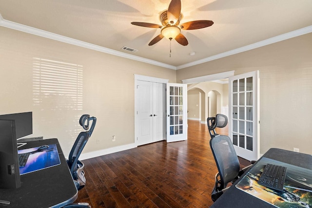 office featuring french doors, dark wood-type flooring, and ornamental molding