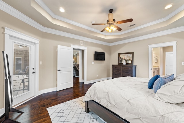 bedroom featuring access to exterior, crown molding, dark hardwood / wood-style flooring, and ceiling fan