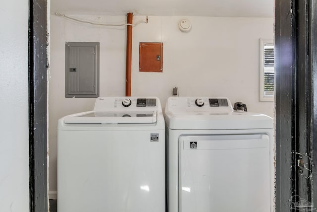 laundry area featuring electric panel and washing machine and clothes dryer