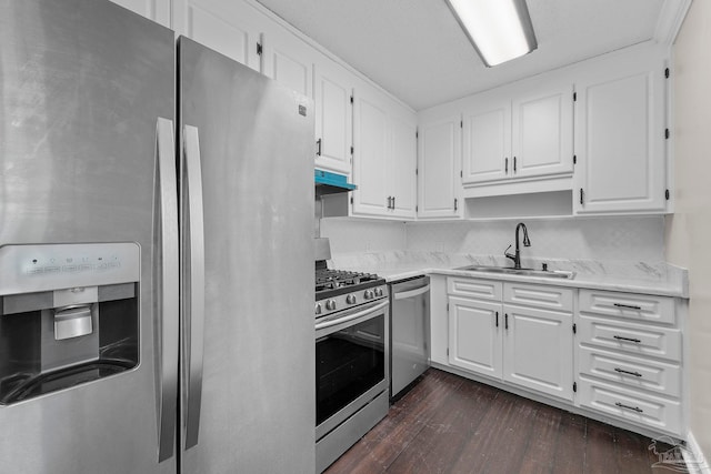 kitchen featuring sink, dark hardwood / wood-style flooring, white cabinetry, and appliances with stainless steel finishes