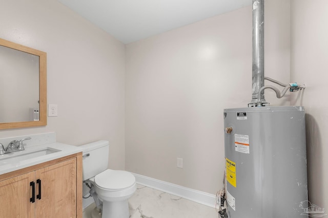 bathroom with water heater, toilet, and vanity