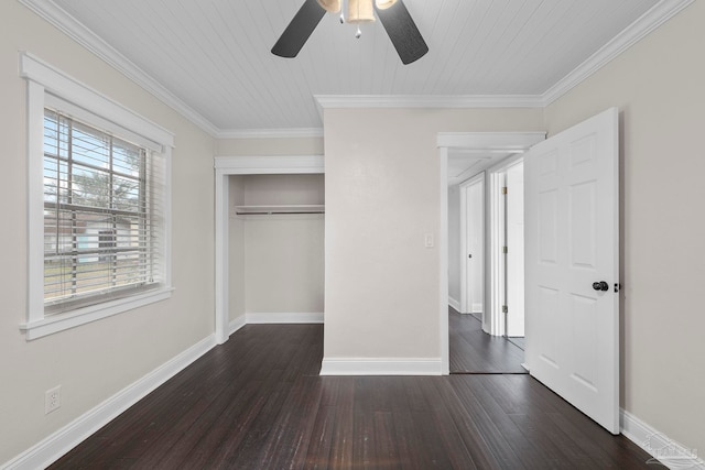 unfurnished bedroom with multiple windows, a closet, ceiling fan, and ornamental molding