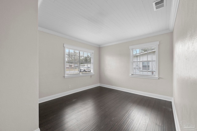 unfurnished room featuring ornamental molding, wood ceiling, and dark wood-type flooring