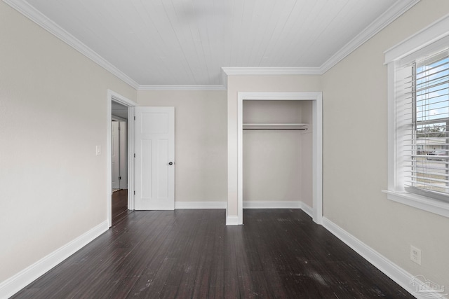 unfurnished bedroom featuring a closet, ornamental molding, and dark wood-type flooring