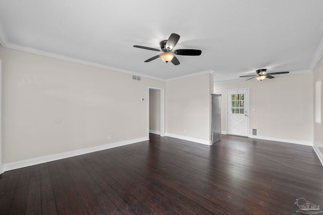 spare room featuring ceiling fan, crown molding, and dark hardwood / wood-style flooring